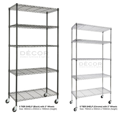 5 TIER SHELF (Chrome) with 2" Wheels (155cm height)