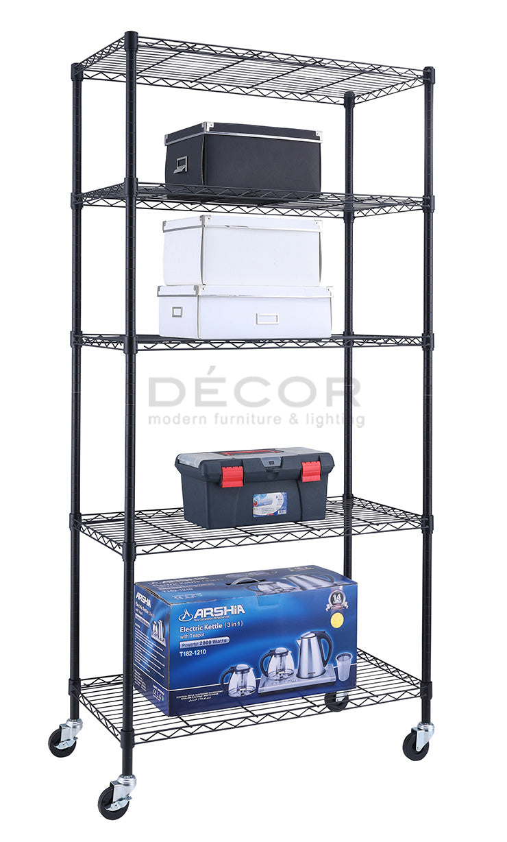 5 TIER SHELF (Black) with 3" Wheels (188cm height)